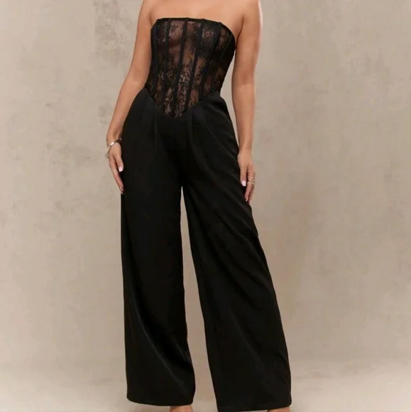 Sheer Lace Boned Corset Detail Pleated Pants Bandeau Jumpsuit - Picture 1 of 6